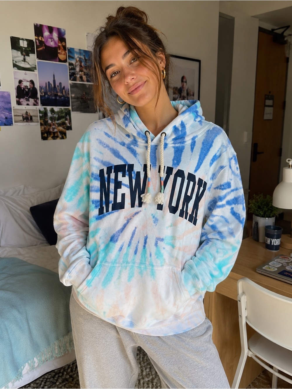 New York Ocean Drive Tie-Dye Pullover Hoodie - Blue Multi
